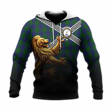 Barclay Crest Tartan Knitted Hoodie with Golden Lion Emblem Celtic Style