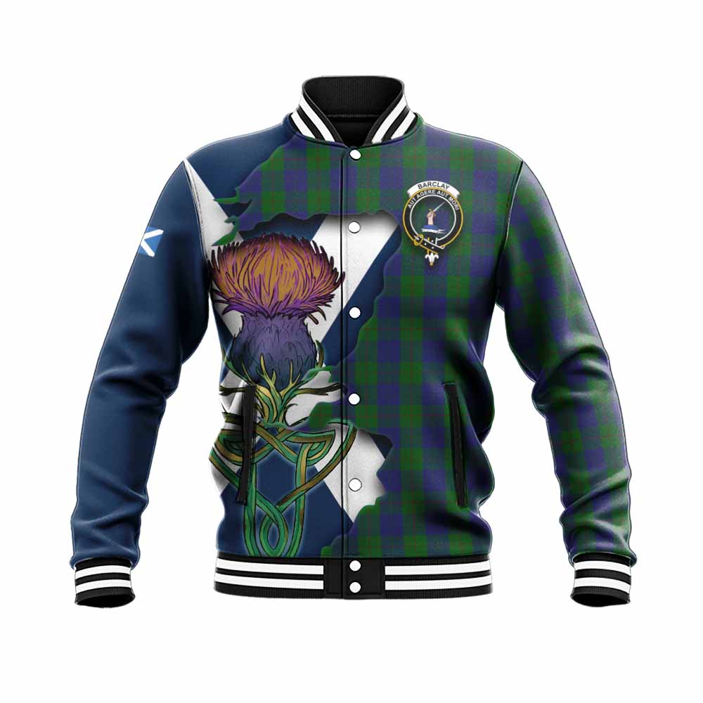 Tartan Vibes Clothing Barclay Tartan Family Crest Baseball Jacket Scottish Thistle Celtic Inspired