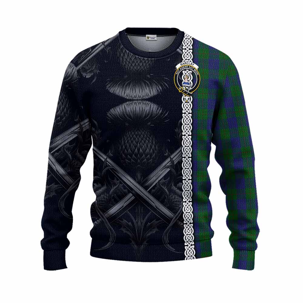 Tartan Vibes Clothing Barclay Tartan Knitted Sweater with Family Crest Cross Sword Thistle Celtic Vibes