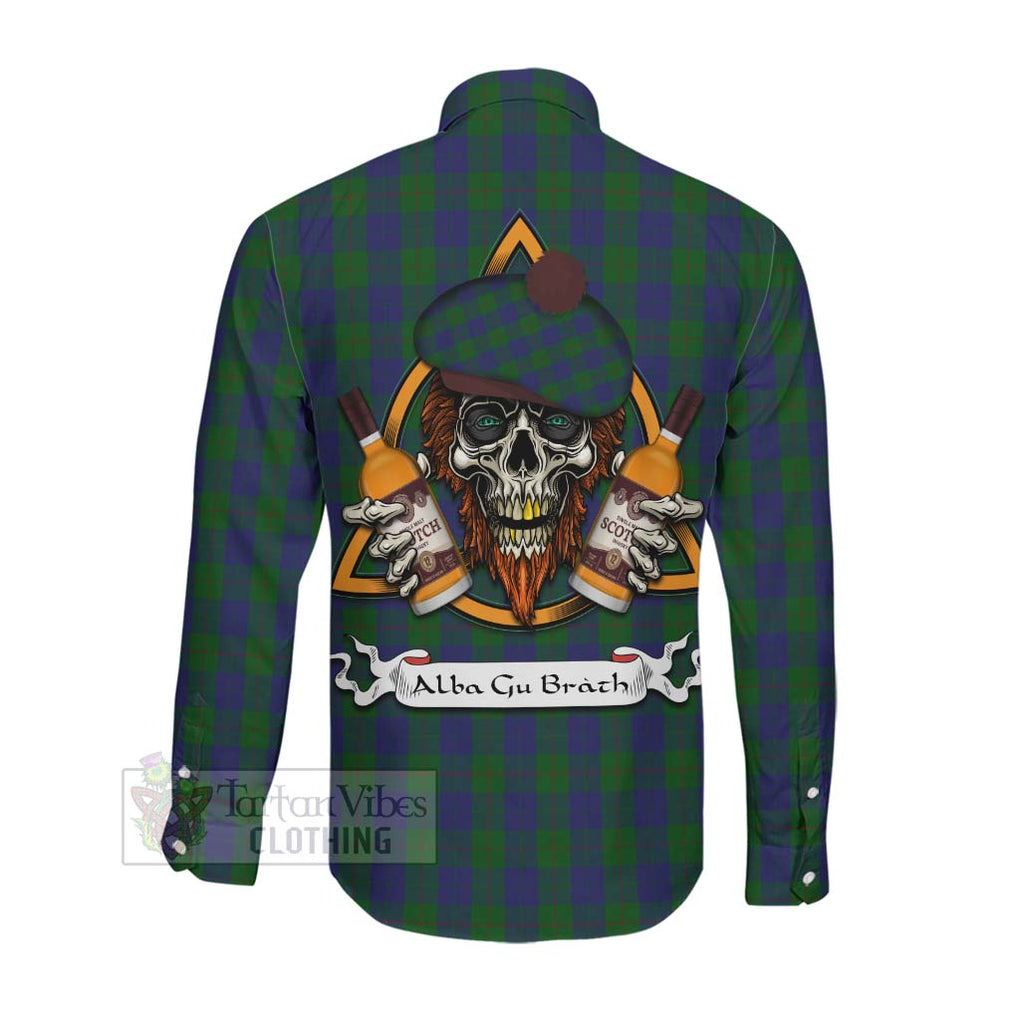 Tartan Vibes Clothing Barclay Tartan Long Sleeve Button Shirt with Family Crest and Bearded Skull Holding Bottles of Whiskey