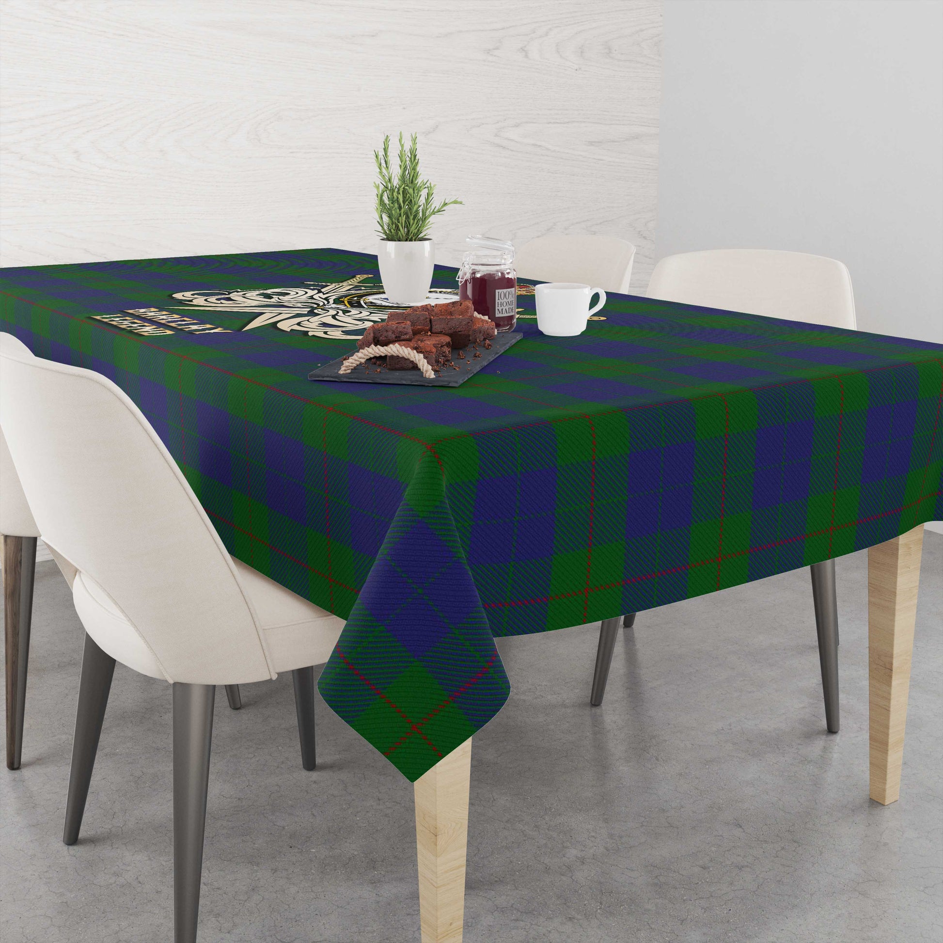 Tartan Vibes Clothing Barclay Tartan Tablecloth with Clan Crest and the Golden Sword of Courageous Legacy