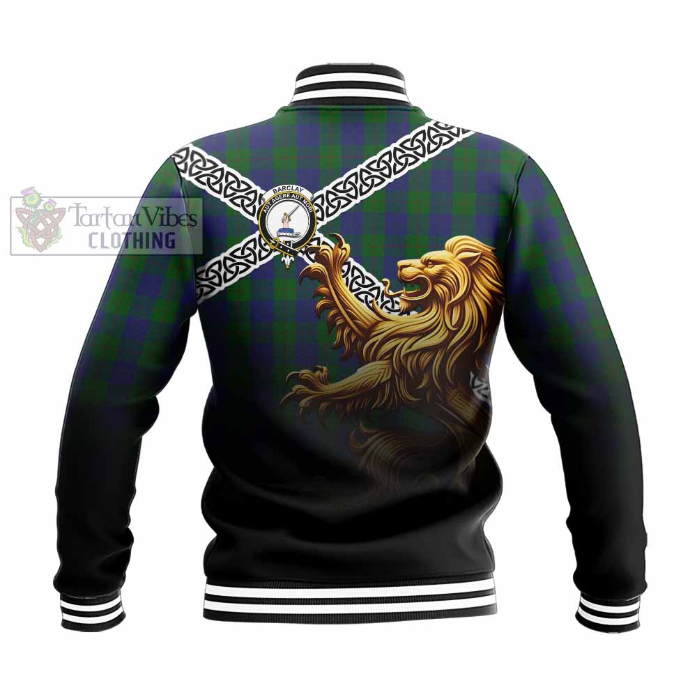Tartan Vibes Clothing Barclay Crest Tartan Baseball Jacket with Golden Lion Emblem Celtic Style