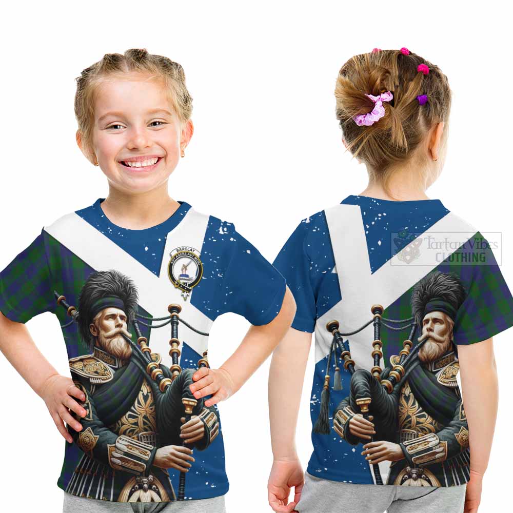 Tartan Vibes Clothing Barclay Tartan Kid T-Shirt with Family Crest Scottish Bagpiper Vibes