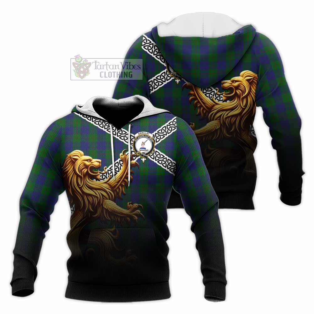 Tartan Vibes Clothing Barclay Crest Tartan Knitted Hoodie with Golden Lion Emblem Celtic Style