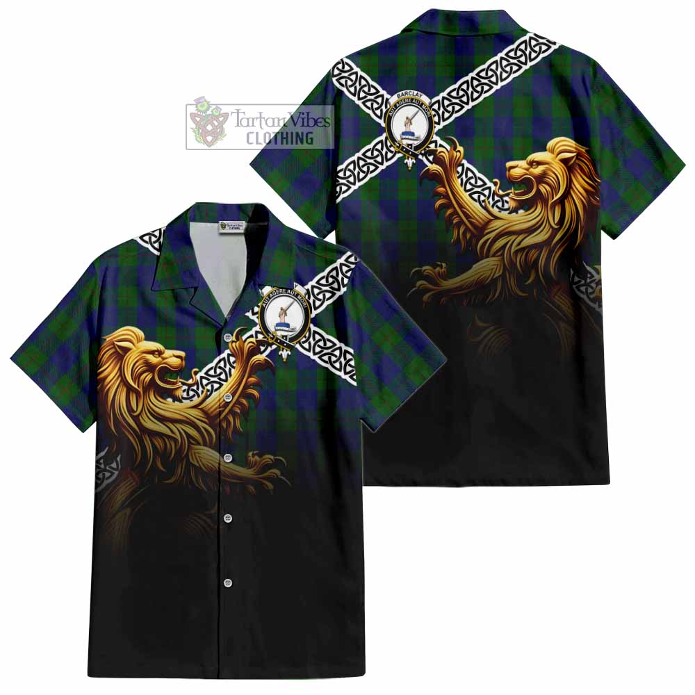 Tartan Vibes Clothing Barclay Crest Tartan Short Sleeve Button Shirt with Golden Lion Emblem Celtic Style