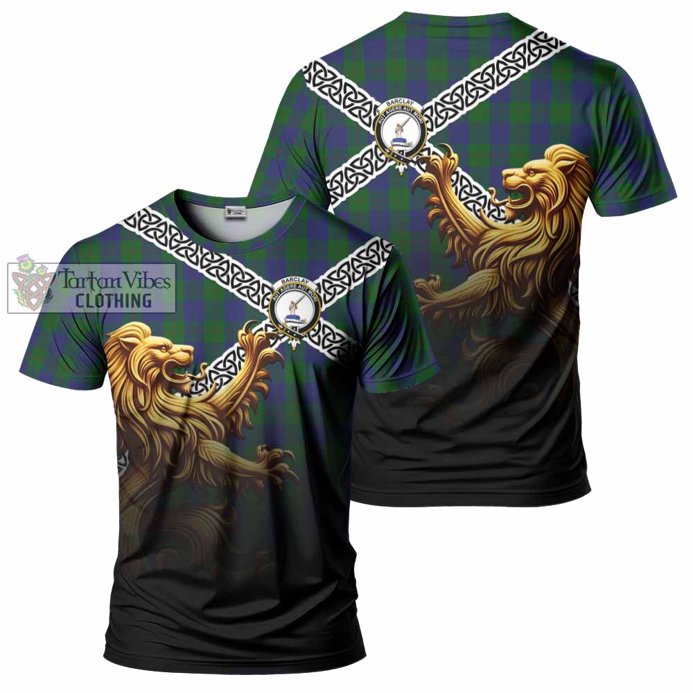 Tartan Vibes Clothing Barclay Crest Tartan T-Shirt with Golden Lion Emblem Celtic Style