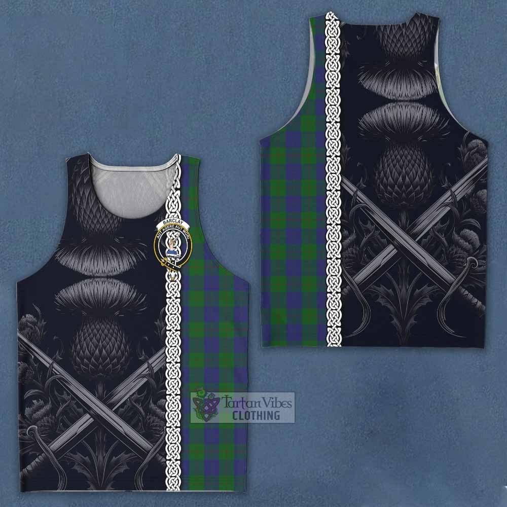 Tartan Vibes Clothing Barclay Tartan Men's Tank Top with Family Crest Cross Sword Thistle Celtic Vibes