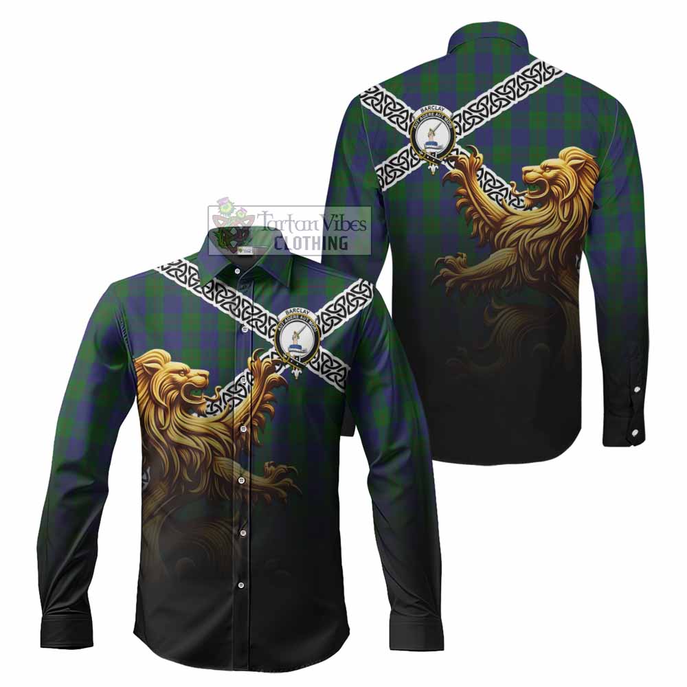 Tartan Vibes Clothing Barclay Crest Tartan Long Sleeve Button Shirt with Golden Lion Emblem Celtic Style