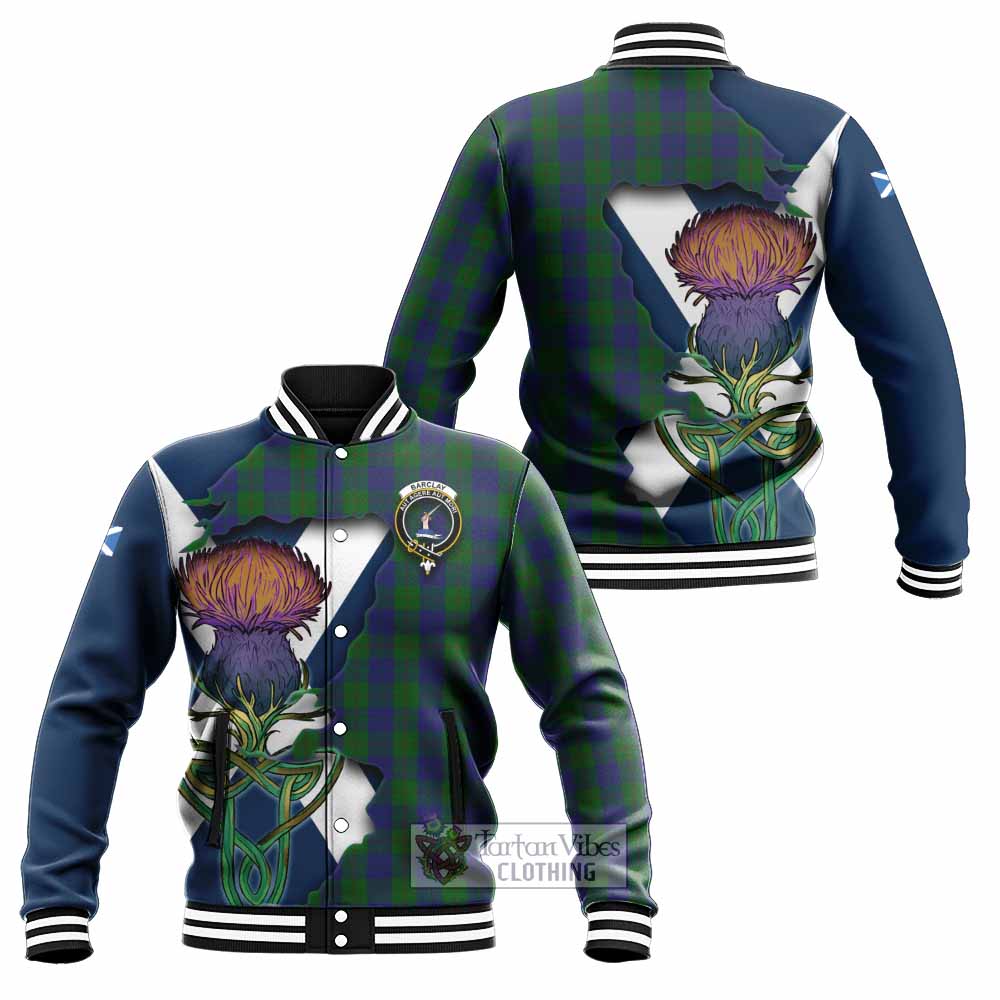 Tartan Vibes Clothing Barclay Tartan Family Crest Baseball Jacket Scottish Thistle Celtic Inspired