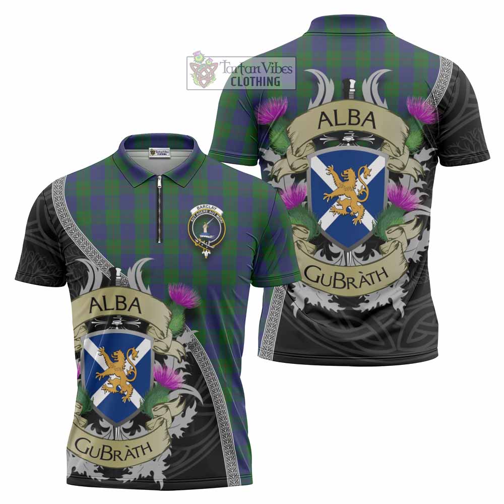 Tartan Vibes Clothing Barclay Tartan Family Crest Zipper Polo Shirt Lion Rampant Royal Thistle Shield Celtic Inspired