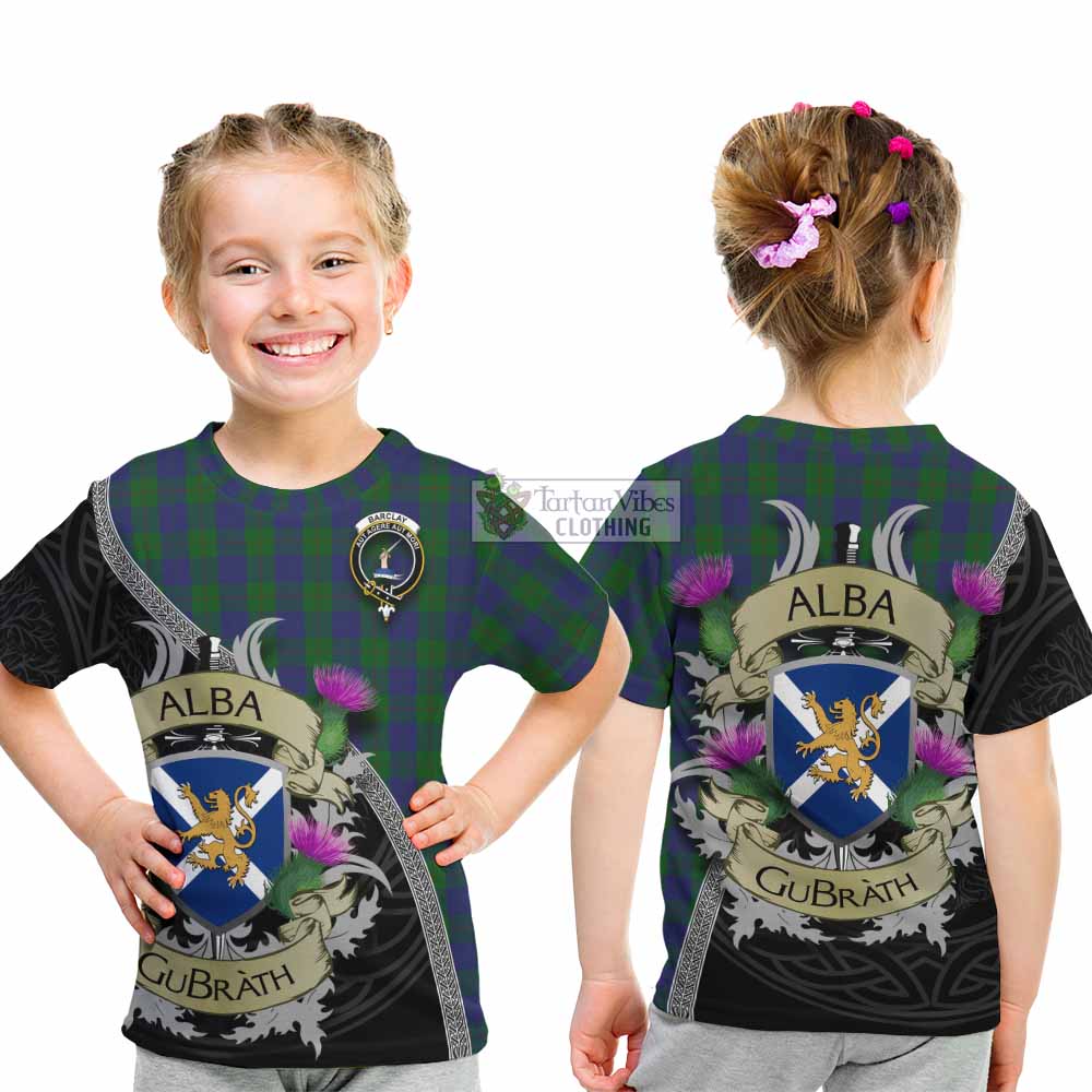 Tartan Vibes Clothing Barclay Tartan Family Crest Kid T-Shirt Lion Rampant Royal Thistle Shield Celtic Inspired