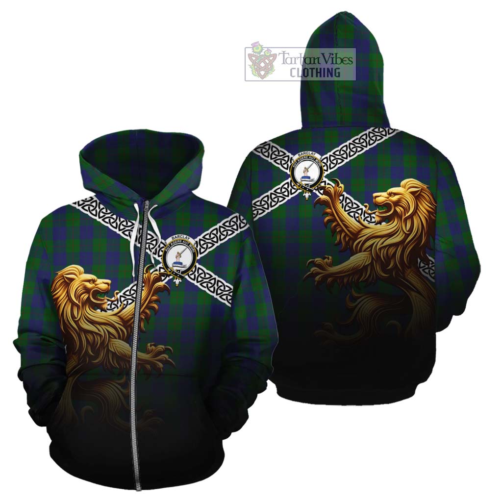 Tartan Vibes Clothing Barclay Crest Tartan Cotton Hoodie with Golden Lion Emblem Celtic Style