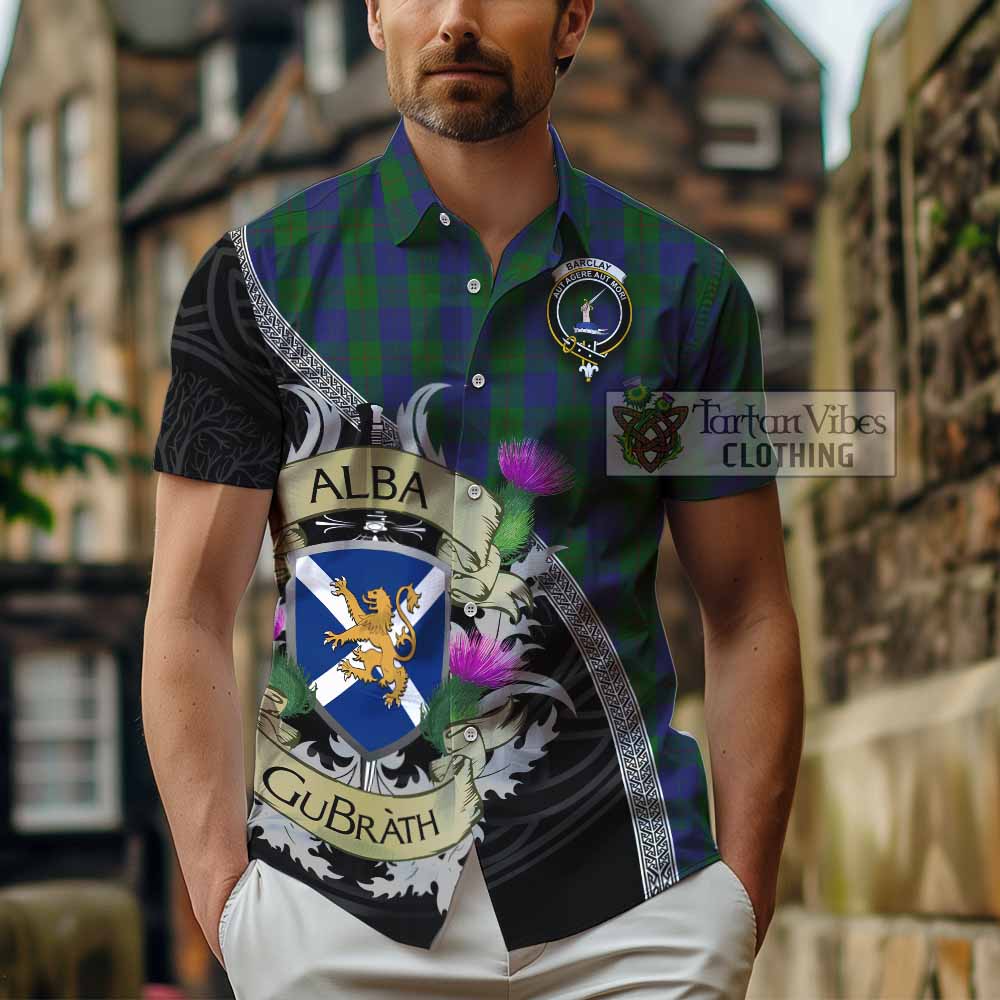 Tartan Vibes Clothing Barclay Tartan Family Crest Short Sleeve Button Shirt Lion Rampant Royal Thistle Shield Celtic Inspired