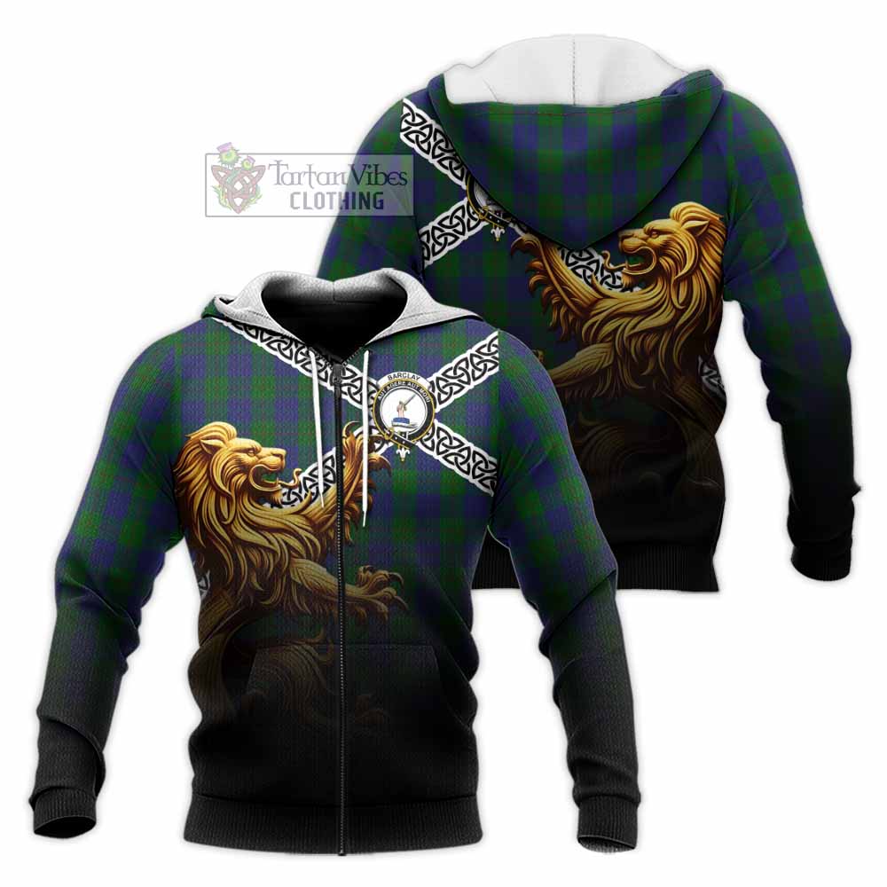 Tartan Vibes Clothing Barclay Crest Tartan Knitted Hoodie with Golden Lion Emblem Celtic Style