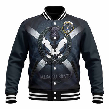 Barclay Clan Crest Baseball Jacket with Celtic Knot Thistle and Saltire