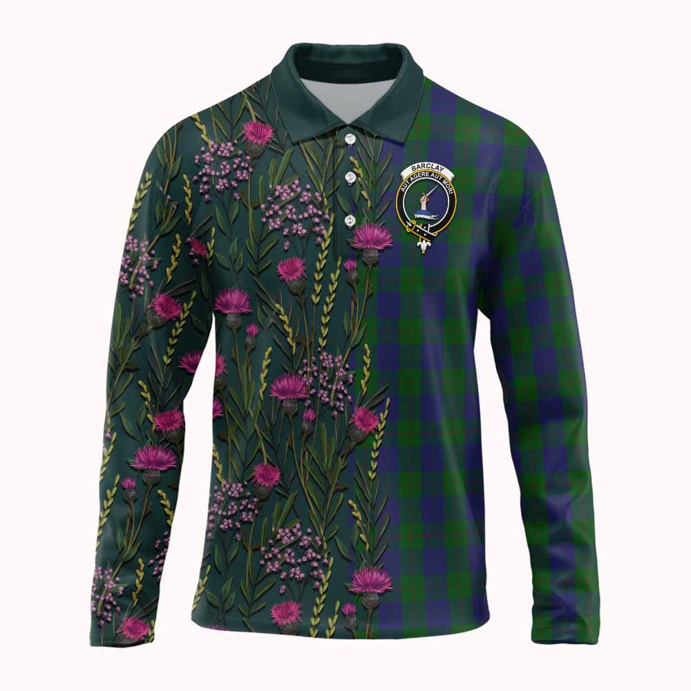 Barclay Family Crest Tartan Long Sleeve Polo Shirt Scottish Thistle Flower Pattern Half Style - Tartan Vibes Clothing