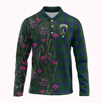 Barclay Family Crest Tartan Long Sleeve Polo Shirt Scottish Thistle Flower Pattern Half Style