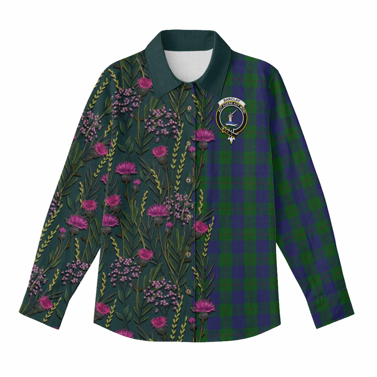 Barclay Family Crest Tartan Women Casual Shirt Scottish Thistle Flower Pattern Half Style - Tartan Vibes Clothing