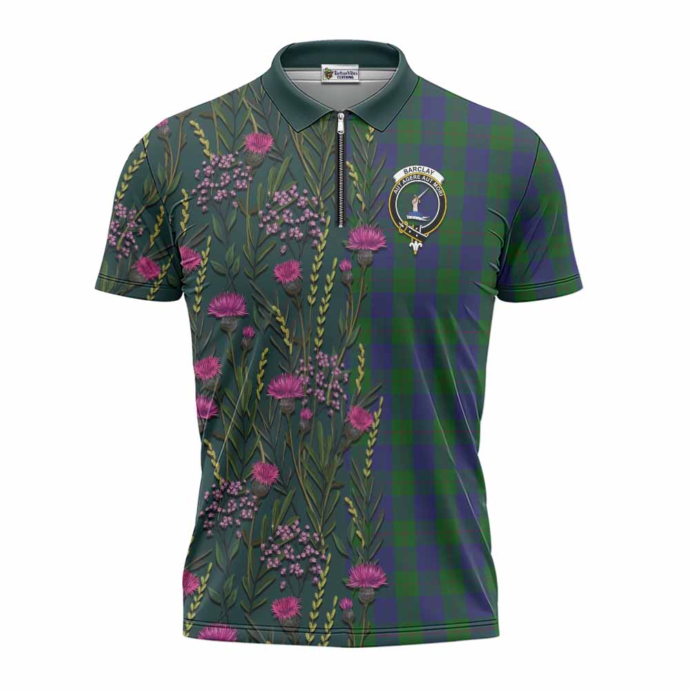 Barclay Family Crest Tartan Zipper Polo Shirt Scottish Thistle Flower Pattern Half Style - Tartan Vibes Clothing