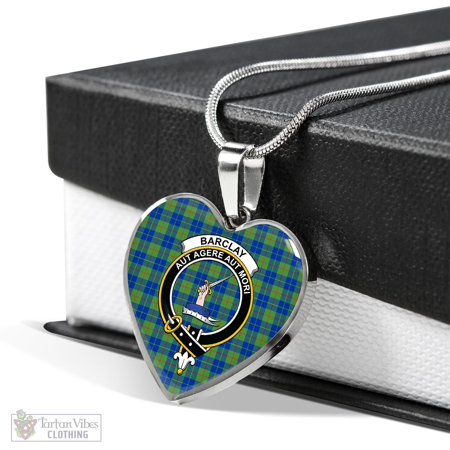 Tartan Vibes Clothing Barclay Hunting Ancient Tartan Heart Necklace with Family Crest