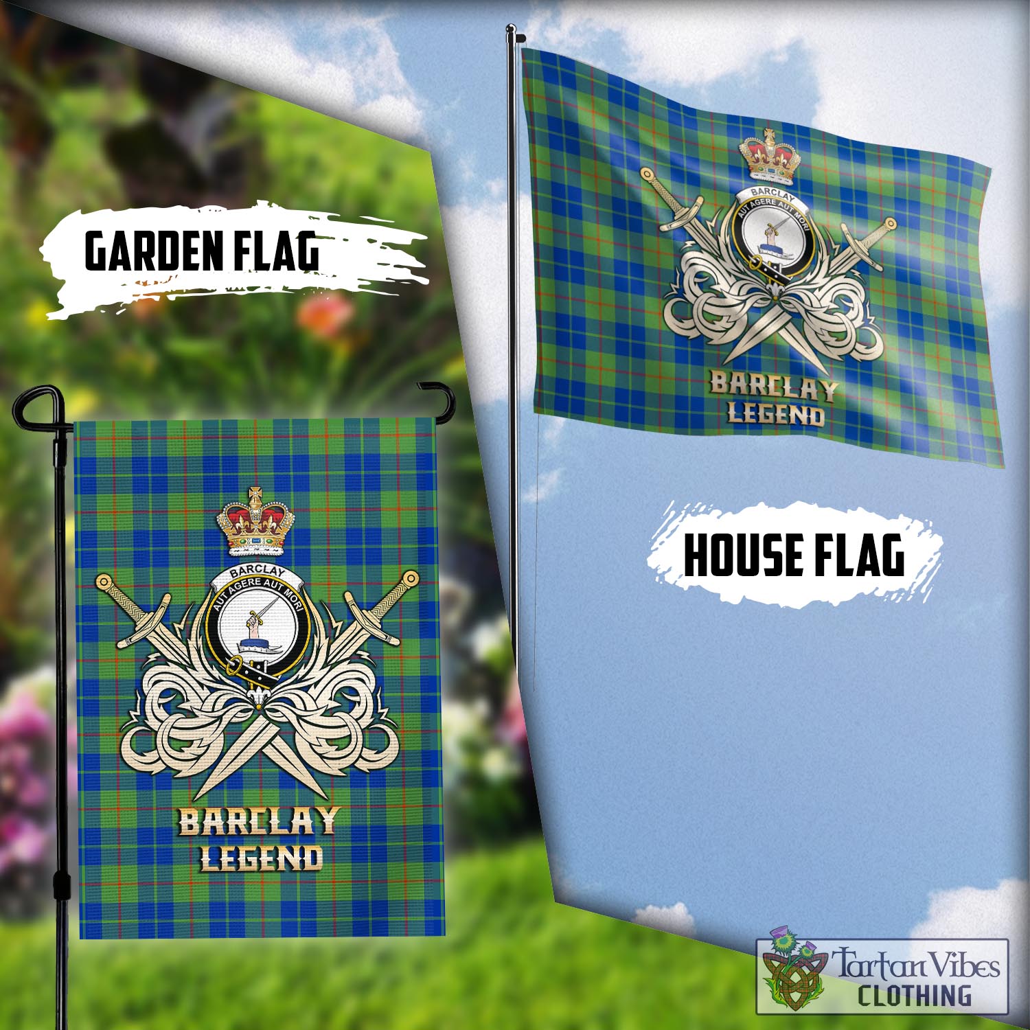 Tartan Vibes Clothing Barclay Hunting Ancient Tartan Flag with Clan Crest and the Golden Sword of Courageous Legacy