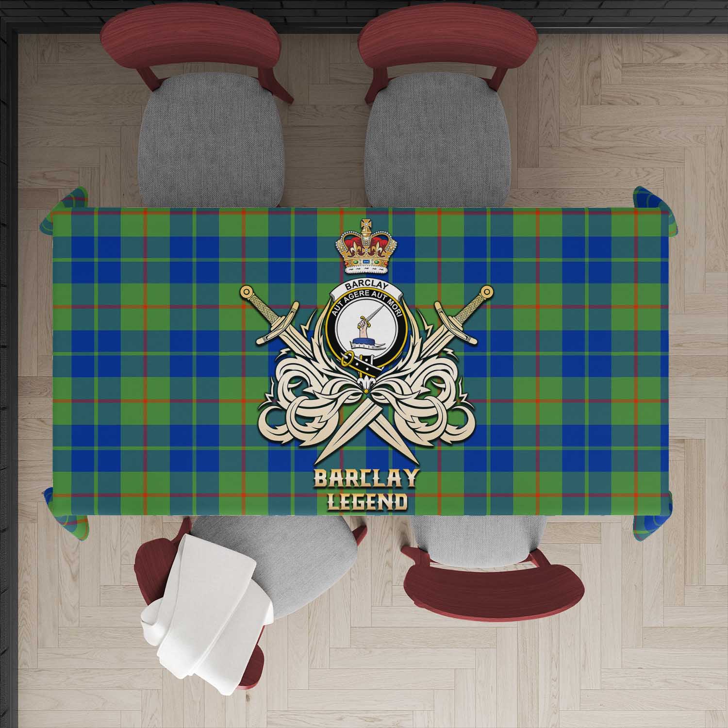 Tartan Vibes Clothing Barclay Hunting Ancient Tartan Tablecloth with Clan Crest and the Golden Sword of Courageous Legacy