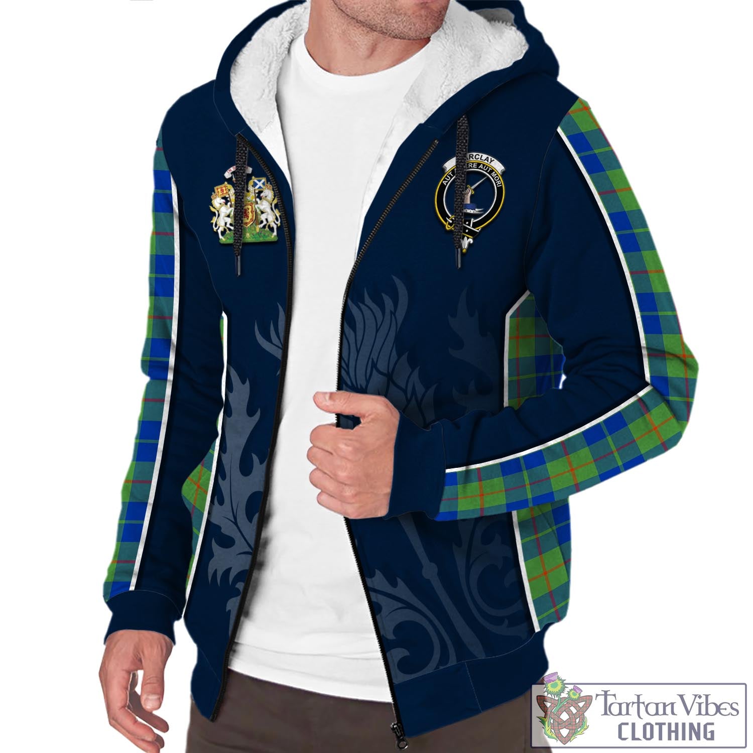 Tartan Vibes Clothing Barclay Hunting Ancient Tartan Sherpa Hoodie with Family Crest and Scottish Thistle Vibes Sport Style