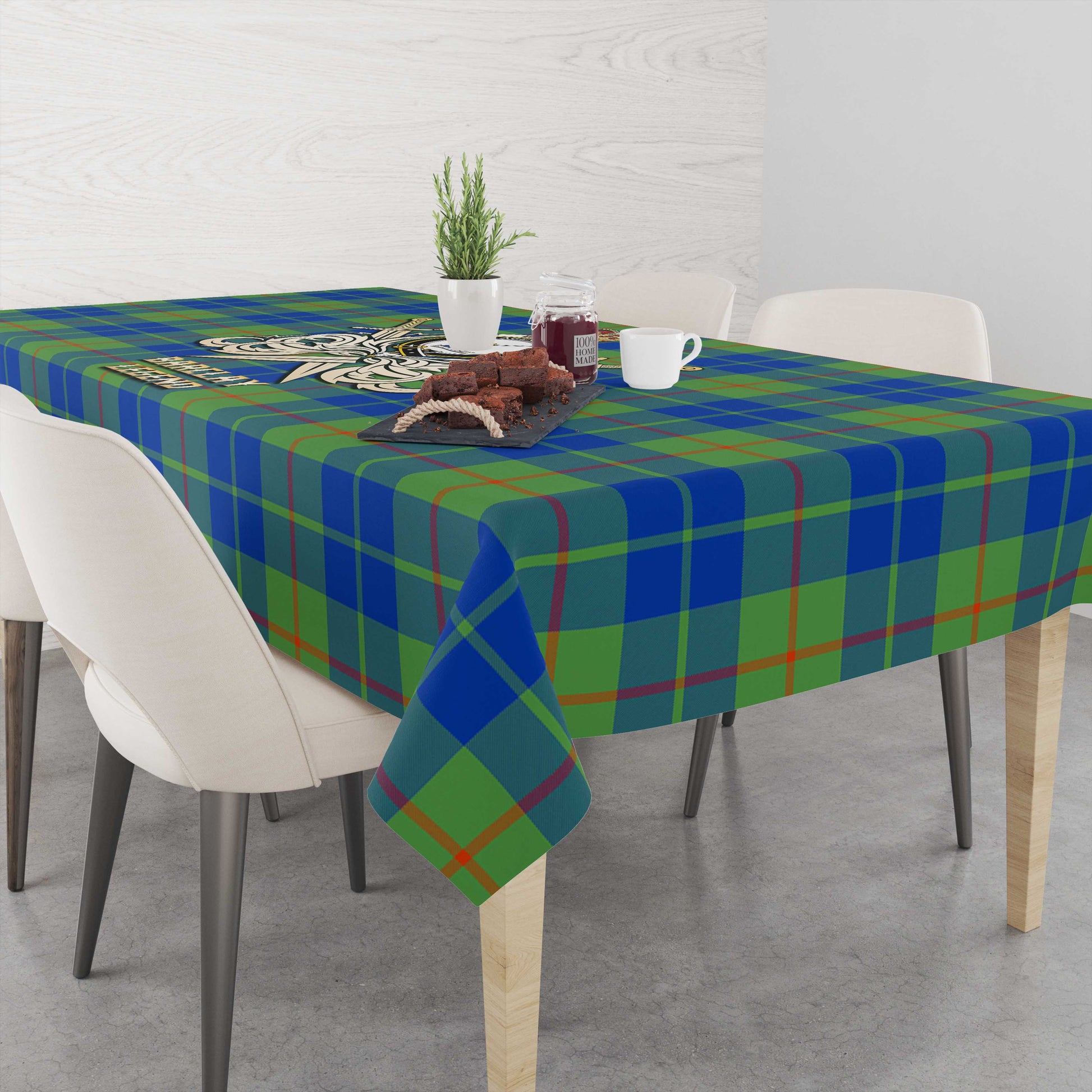 Tartan Vibes Clothing Barclay Hunting Ancient Tartan Tablecloth with Clan Crest and the Golden Sword of Courageous Legacy