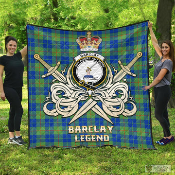 Barclay Hunting Ancient Tartan Quilt with Clan Crest and the Golden Sword of Courageous Legacy