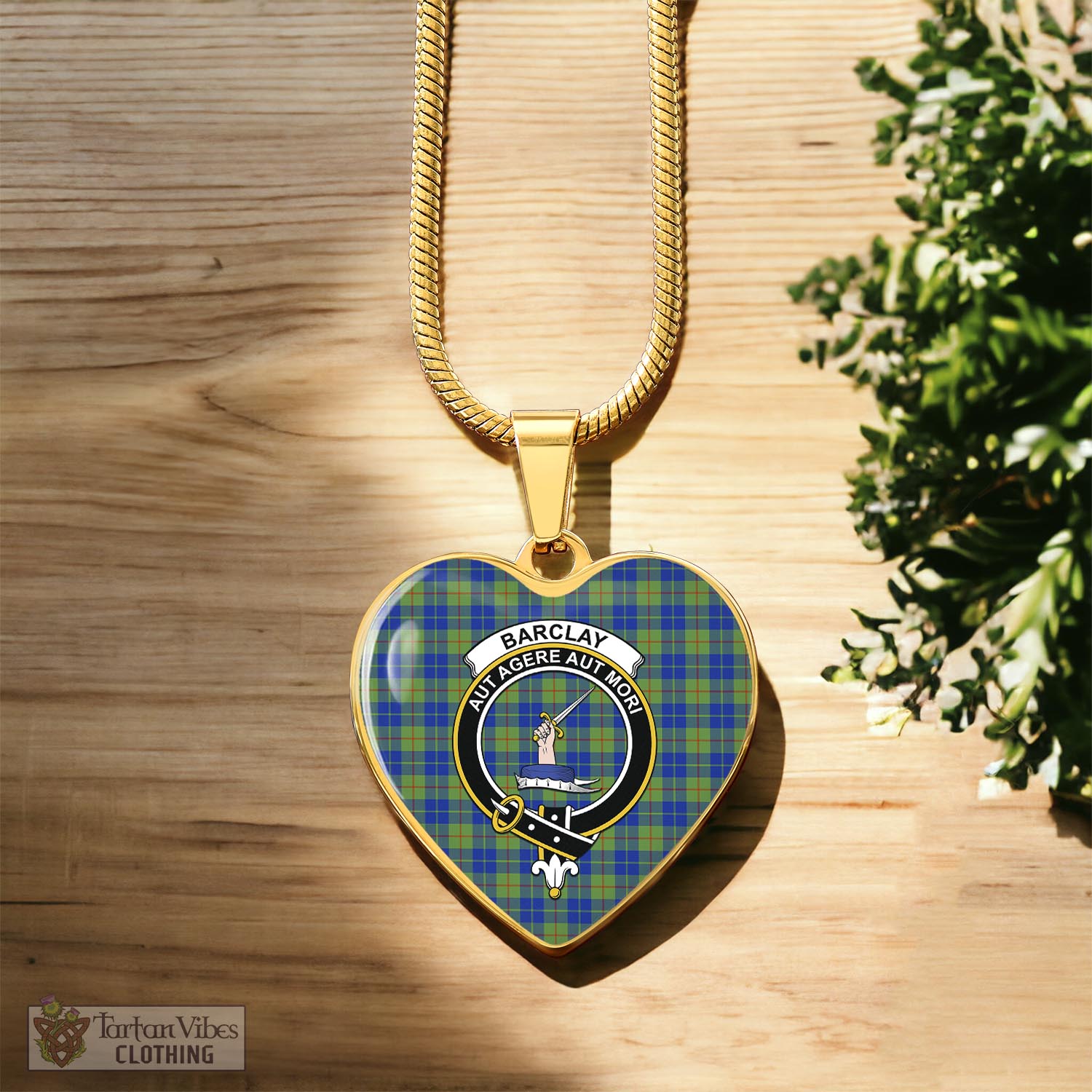 Tartan Vibes Clothing Barclay Hunting Ancient Tartan Heart Necklace with Family Crest