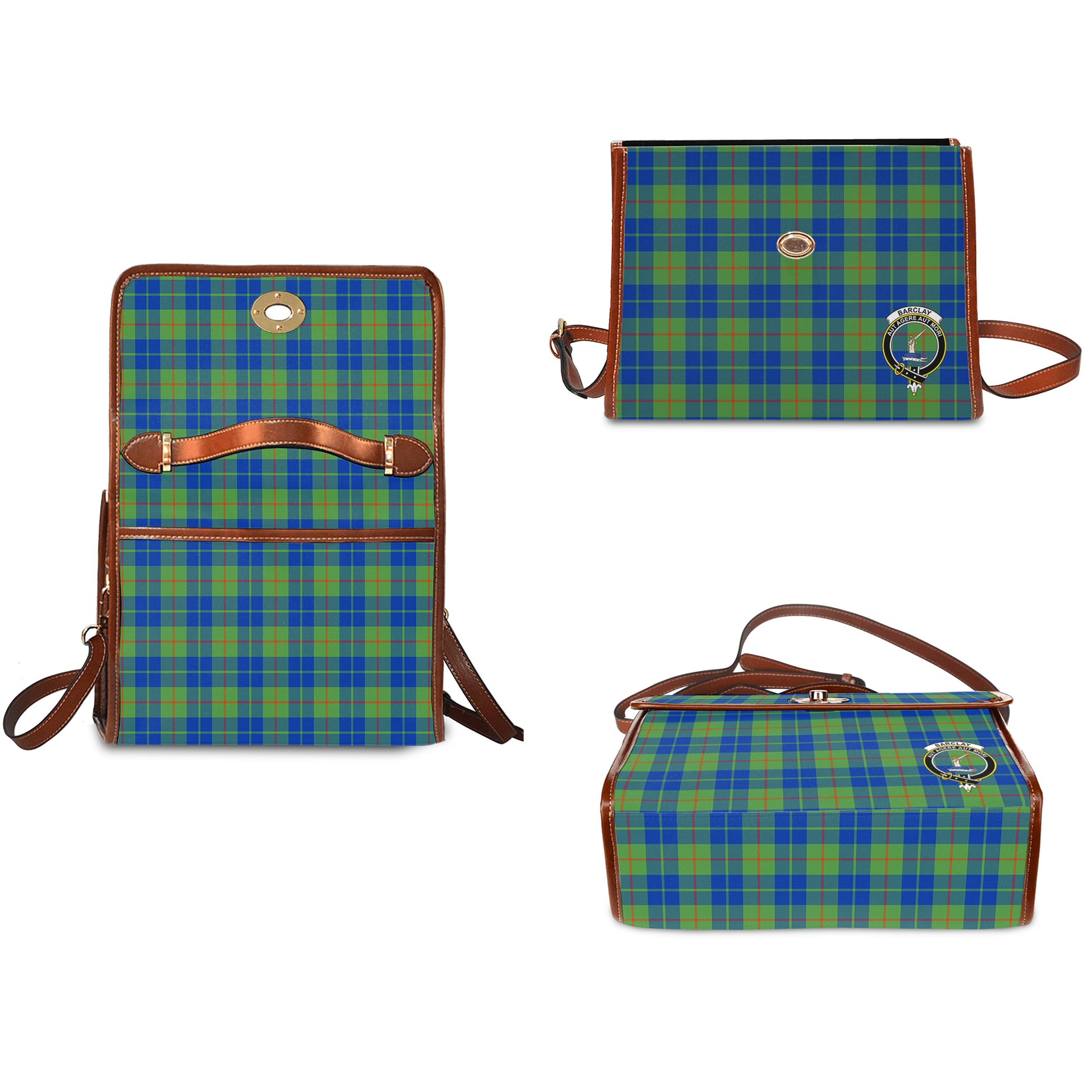 Barclay Hunting Ancient Tartan Leather Strap Waterproof Canvas Bag with Family Crest - Tartanvibesclothing