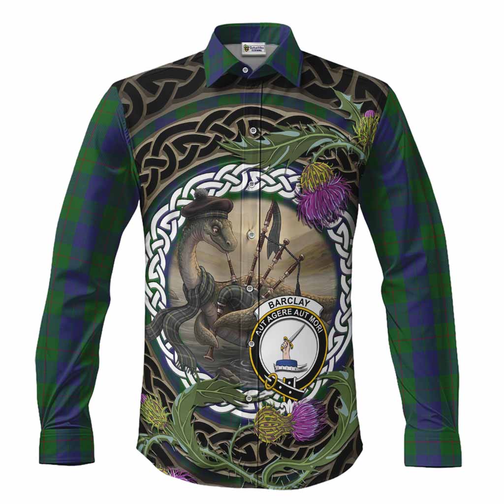 Barclay Tartan Crest Bagpipe Nessie Long Sleeve Button Shirts Scottish Loch Ness Monster Celtic Thistle
