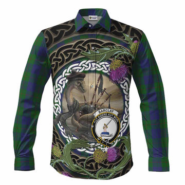 Barclay Tartan Crest Bagpipe Nessie Long Sleeve Button Shirts Scottish Loch Ness Monster Celtic Thistle