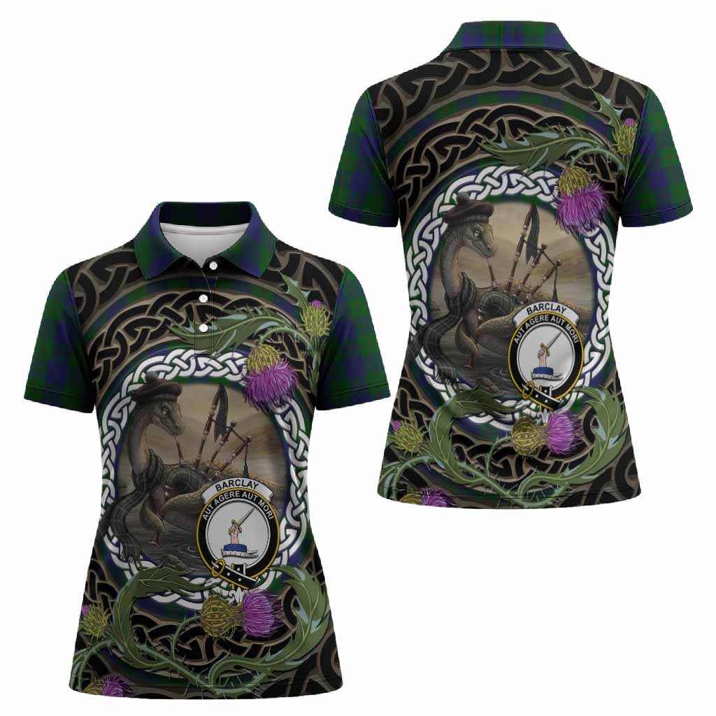 Barclay Tartan Crest Bagpipe Nessie Women Polo Shirt Scottish Loch Ness Monster Celtic Thistle