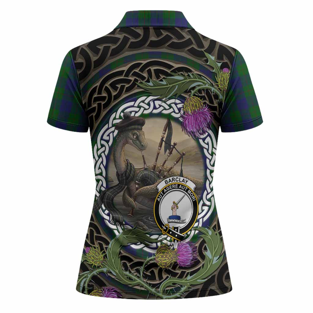 Barclay Tartan Crest Bagpipe Nessie Women Polo Shirt Scottish Loch Ness Monster Celtic Thistle