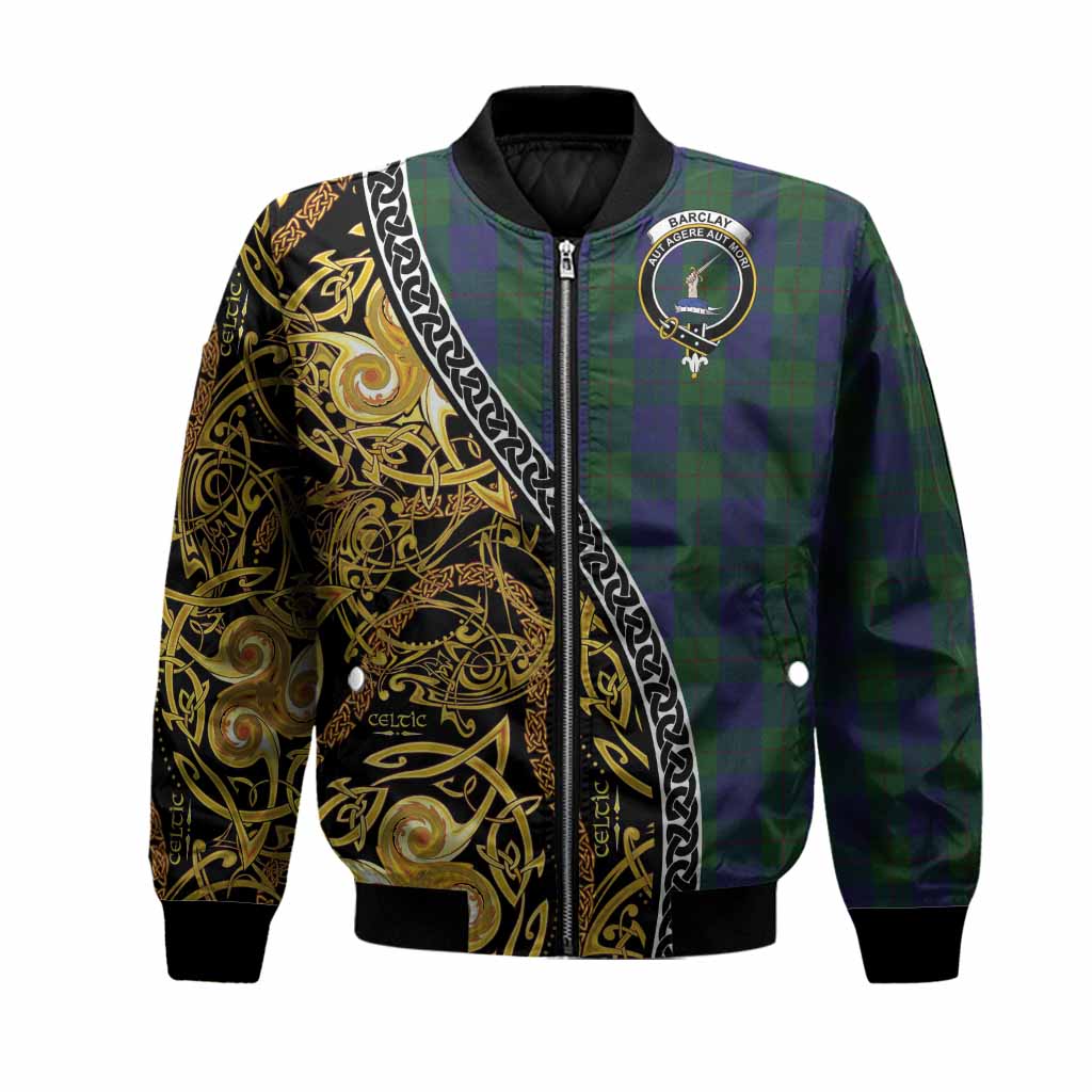 Barclay Tartan Crest Bomber Jacket Celtic Knot and Triple Trickle Spiral Symbols