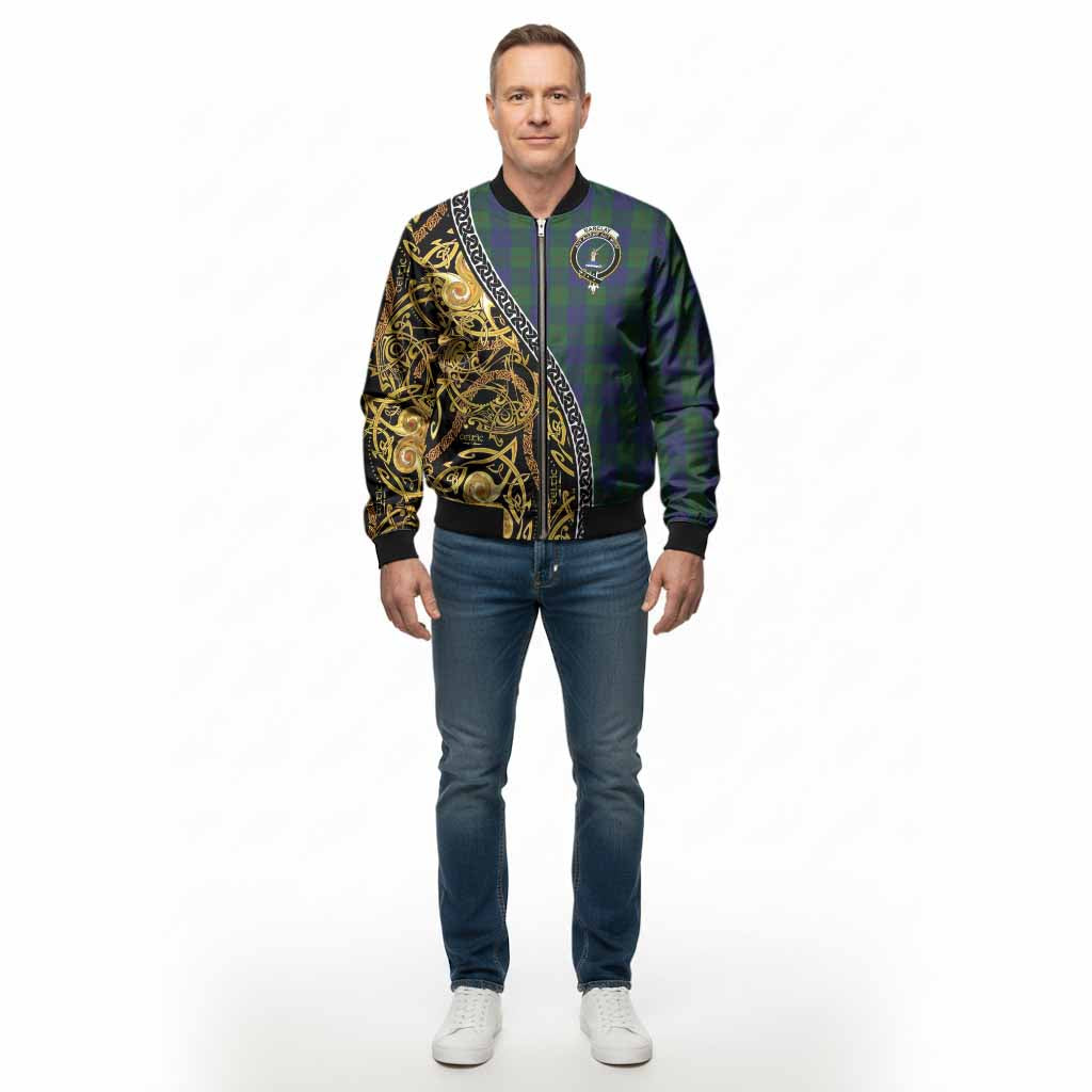 Barclay Tartan Crest Bomber Jacket Celtic Knot and Triple Trickle Spiral Symbols