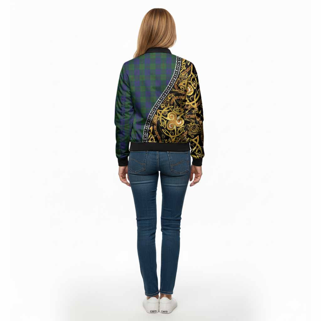 Barclay Tartan Crest Bomber Jacket Celtic Knot and Triple Trickle Spiral Symbols