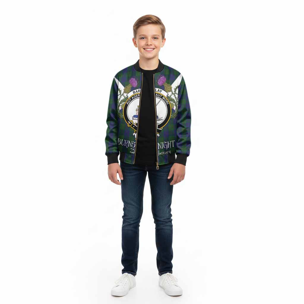 Barclay Tartan Family Crest Kid Bomber Jacket Scottish Burns Night Thistle Floral
