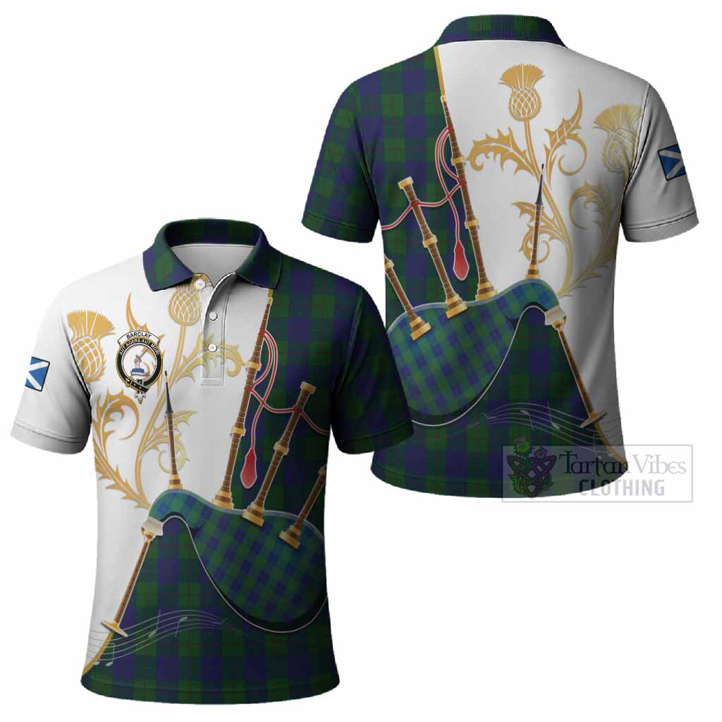 Barclay Tartan Family Crest Polo Shirt Bagpipes with Scottish Thistle
