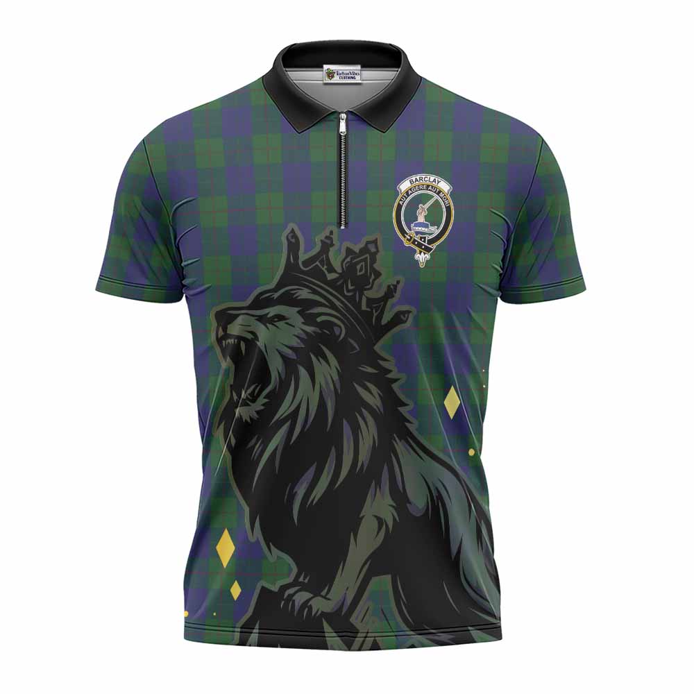 Barclay Tartan Family Crest Zipper Polo Shirt Crowned Lion Roaring
