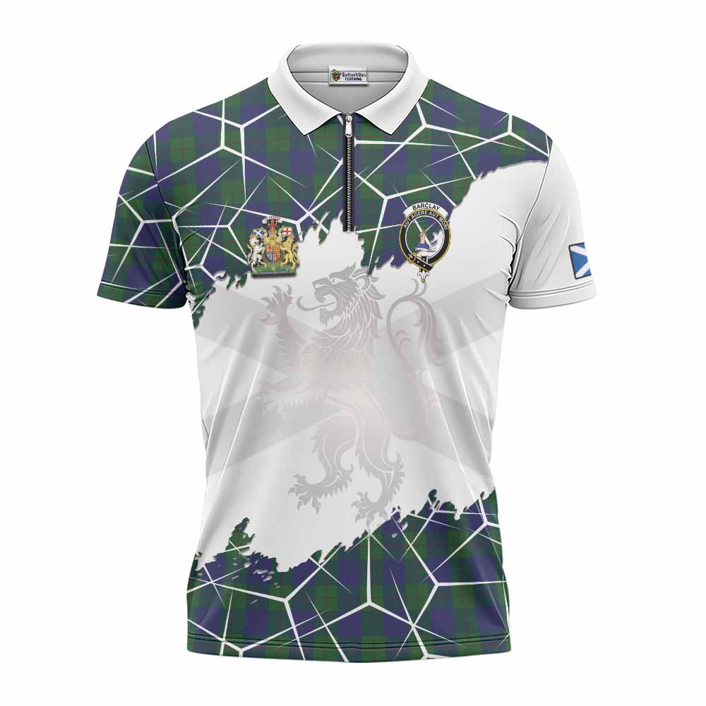 Barclay Tartan Zipper Polo Shirt with Family Crest and Lion Rampant Grunge Style