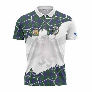 Barclay Tartan Zipper Polo Shirt with Family Crest and Lion Rampant Grunge Style