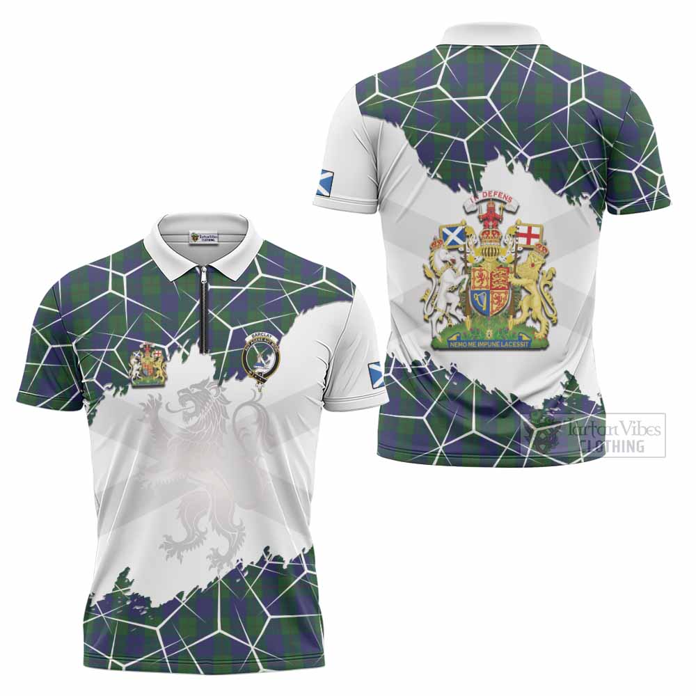 Barclay Tartan Zipper Polo Shirt with Family Crest and Lion Rampant Grunge Style