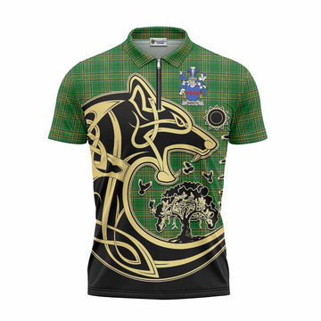 Tartan Vibes Clothing Bareth Irish Tartan Zipper Polo Shirt with Coat of Arms Celtic Wolf Style