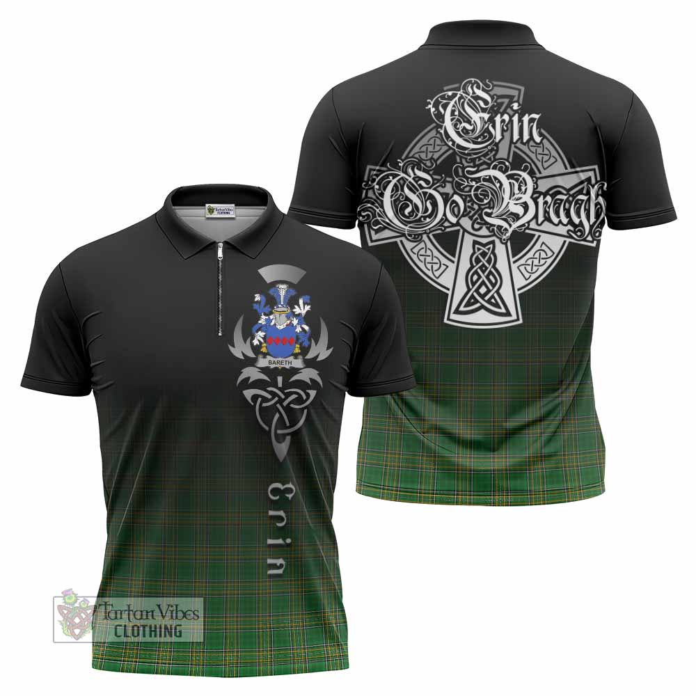 Tartan Vibes Clothing Bareth Irish Clan Zipper Polo Shirt with Coat of Arms Erin Go Bragh Celtic Inspired