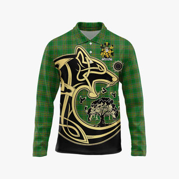 Tartan Vibes Clothing Barker Irish Tartan Long Sleeve Polo Shirt with Coat of Arms Celtic Wolf Style