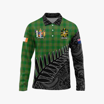 Tartan Vibes Clothing Barker Irish Clan Tartan Long Sleeve Polo Shirt with Coat of Arms New Zealand Silver Fern Half Style