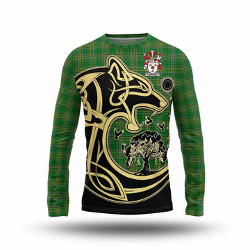 Barton Irish Tartan Long Sleeve T-Shirt with Coat of Arms Celtic Wolf Style