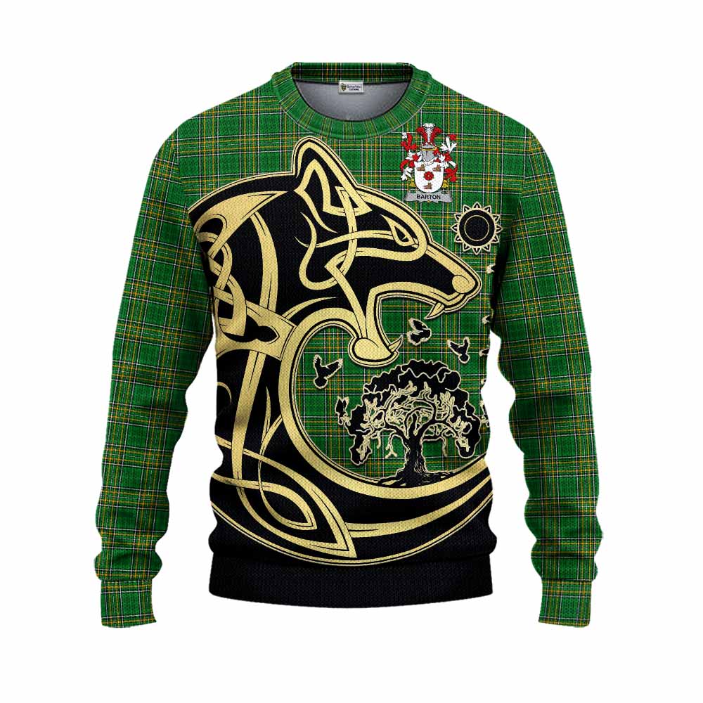 Tartan Vibes Clothing Barton Irish Tartan Knitted Sweater with Coat of Arms Celtic Wolf Style